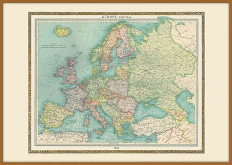 Large Vintage Political Europe Map 1922 Pinboard And Wood Frame Teak