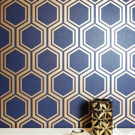 Wm90660401 Geometric Hexagon Wallpaper Navy Blue Gold Metallic 3d