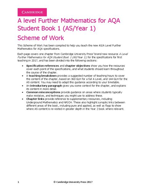 A Level Further Mathematics For Aqa Student Book 1 Scheme Of Work Pdf