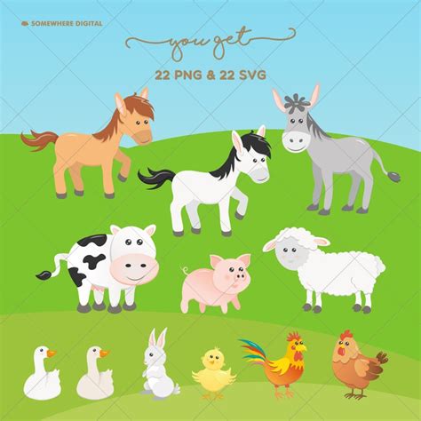 Farm Animals Clipart Farm Animal Vector Farmer Printable Cute Etsy