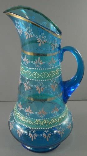 Victorian Hand Painted Turquoise Blue Glass Pitcher Blue Glass
