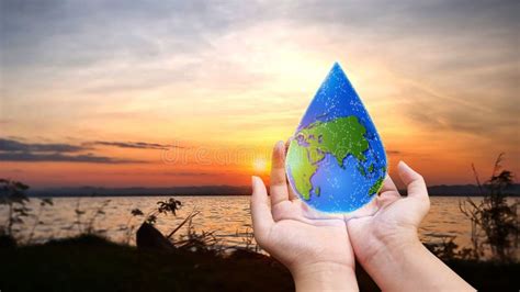 Blue Earth In Water Drop Shape On Two Hands Stock Image Image Of Hand