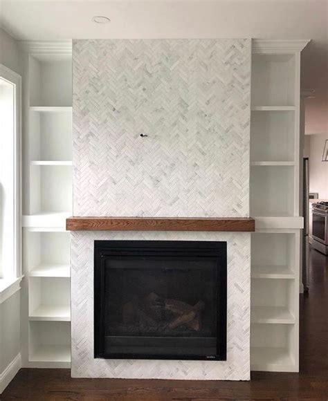 Marble Tile 1x4 Herringbone Mosaic Tiled Fireplace Wall