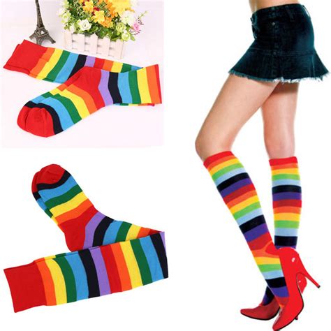 Fine Lady Girl Colorful Polyester Rainbow Long Stripey Over Knee Thigh