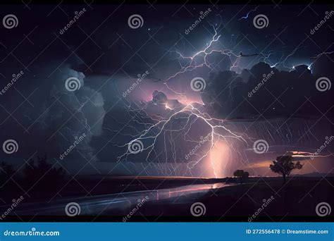 Nighttime Thunderstorm With Lightning Illuminating The Sky And