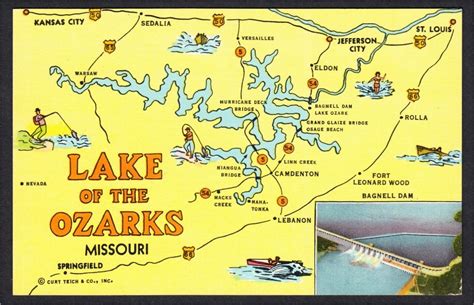 Lake Of The Ozarks Missouri Map And Bagnell Dam 1940s 1950s Linen