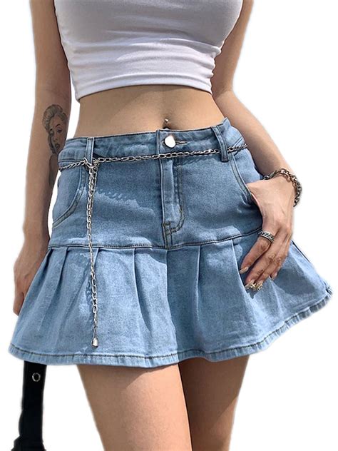 Womens Jean Mini Skirt Ruffle Pleated Denim Short Skirt High Waist