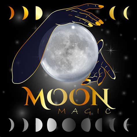 Moon Phases Mystical Womans Hands On Full Moon Stock Vector