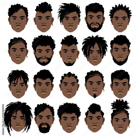 Set Of Cartoon Faces Of Black Men With Different Hairstyles Beard And