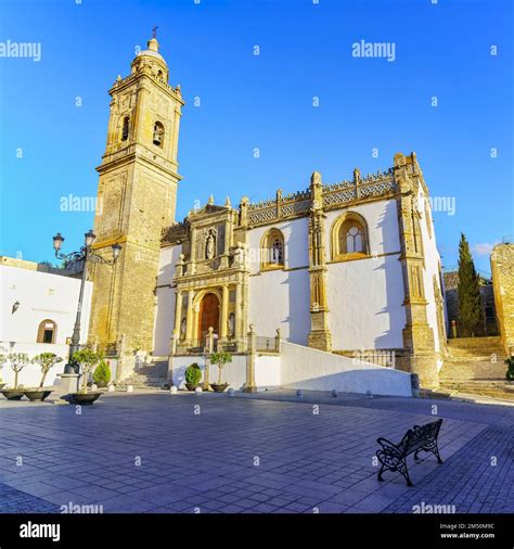 Main square with medieval stone church in the picturesque town of