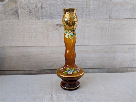 Beautiful Bohemian Vintage Budvase Hand Painted Amber Glass Etsy Amber Glass Bud Vases