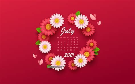 4k Free Download 2021 July Calendar Background With Flowers 2021