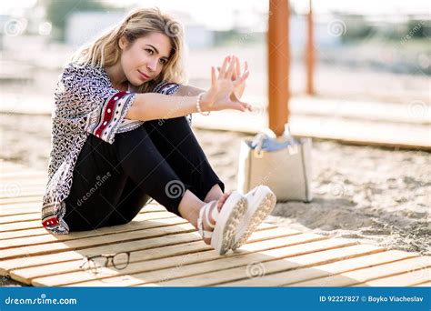 Blonde Girl On The Beach Of The Sandy Beach By The Sea Stock Image Image Of Cheerful Coast