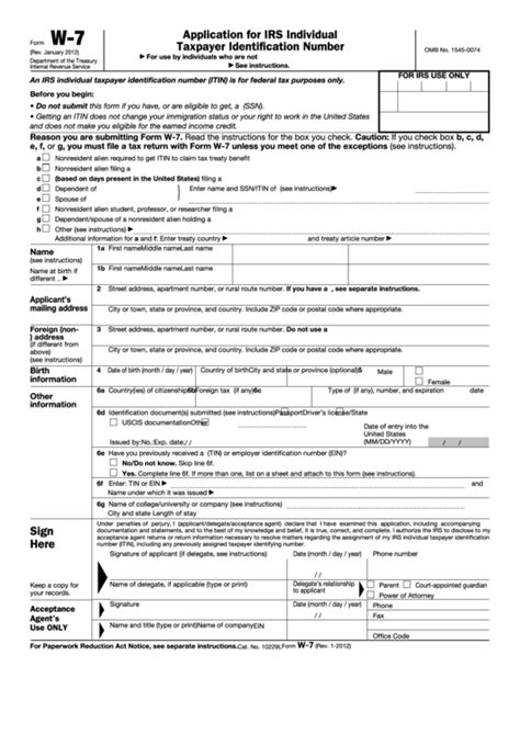 Individual taxpayer identification number (itin). Fillable Form W-7 - Application For Irs Individual ...