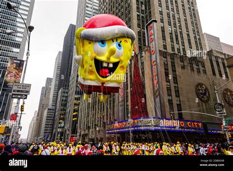 spongebob squarepants balloon floats in the air during macy s thanksgiving day parade along