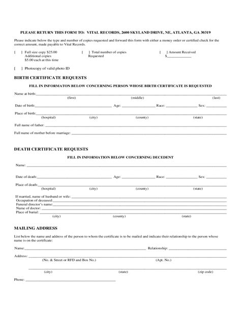 Birth Certificate Request Form Georgia Free Download