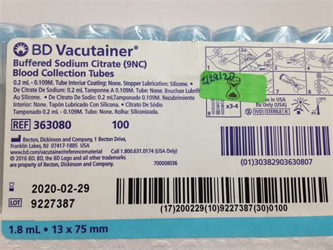 BD 363080 Vacutainer Buffered Sodium Citrate 9NC Blood Collection