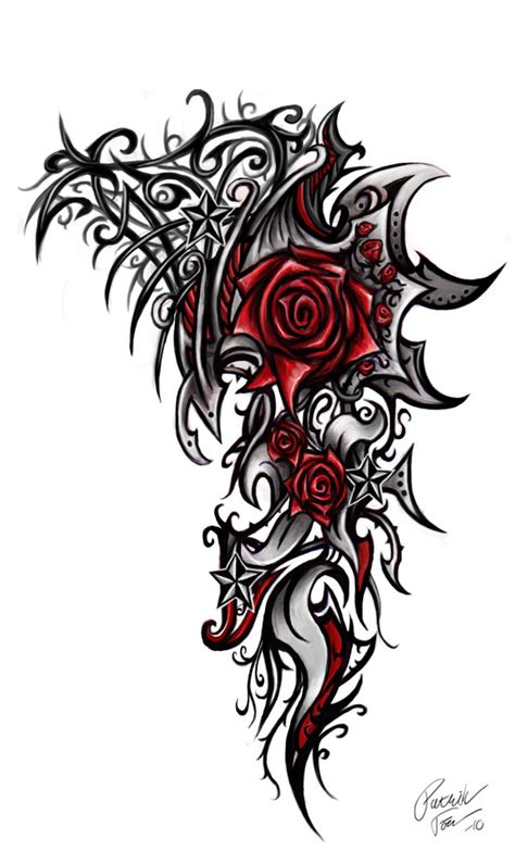 Wonderful Red Roses With Black And Grey Tribal Tattoo Design