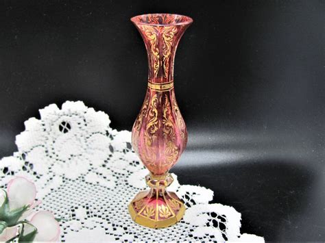 Victorian Moser Cranberry Vase With Heavy Enamel Floral Etsy Floral Painting Moser