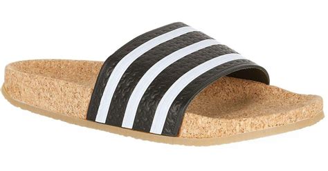 Adidas Originals Leather Adilette Cork Slides In Black Lyst