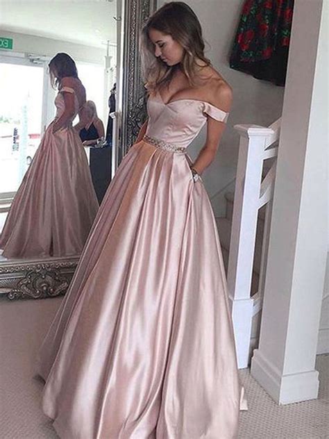 Elegant Off Shoulder Floor Length Pink Satin Prom Dress Off Shoulder