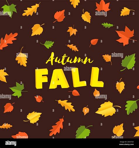 Word Autumn Fall Composition With Green Yellow Red Leaves On Brown