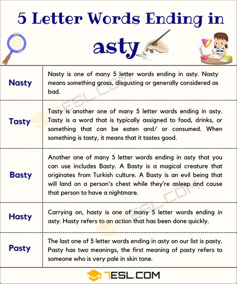 5 Letter Words Ending in ASTY in English • 7ESL