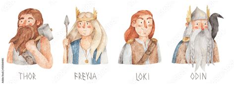 Norse Mythology Gods And Goddess Thor Freya Loki Odin Watercolor