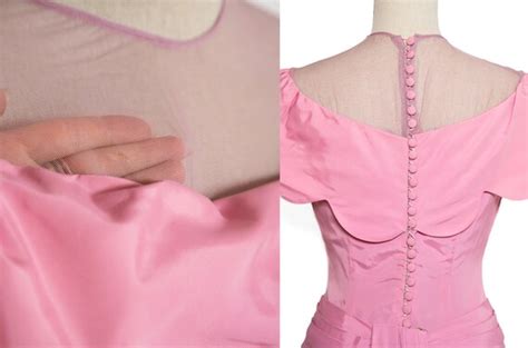 1940s pink taffeta ballgown with sheer panel buttons… gem