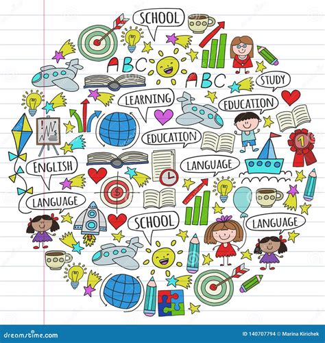Vector Set Of Learning English Language Children S Drawing Icons In