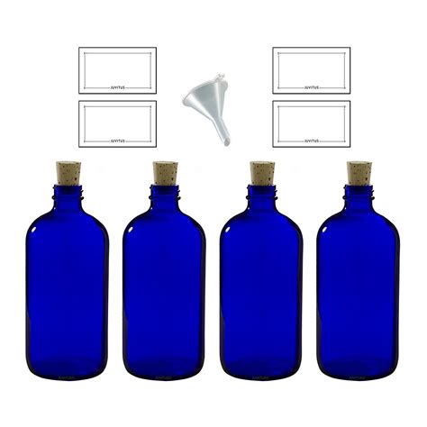 Buy 16 Oz Cobalt Blue Glass Boston Round Bottle With Cork Stopper Closure 4 Pack Funnel And