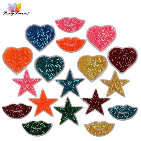 Pf Sequin Patches Heart Lip Star Leaf Applique Embroidered Stickers For