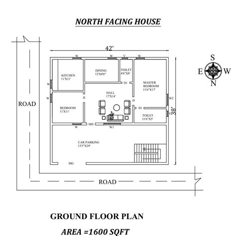 Autocad Drawing Shows The Details Of Bhk North Facing House Plans As