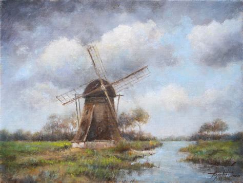 Windmill Landscape Oil Painting Fine Arts Gallery Original Fine