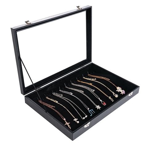 Coward 20 Hooks Necklace Holder Organizer Display Case Boxjewelry Storage Tray With Glass Lid