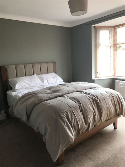 Evoking the colour of summer skies, borrowed light is a wonderfully pale blue named after the delicate light that cascades through small windows and fanlights. Master bedroom painted in Farrow and Ball Pigeon No. 25 ...