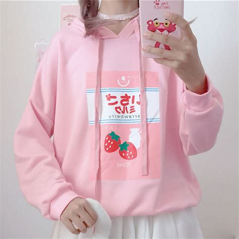 Japanese Kawaii Style Strawberry Print Pink Hoodie Womens Autumn Harajuku Sweet Long Sleeve Cute