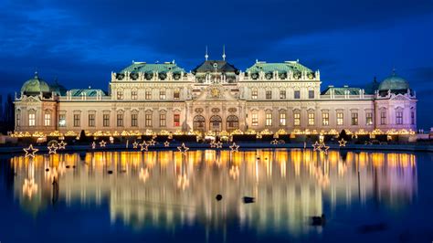 Austria Vienna Palace With Reflection On Water During Nighttime 4k 5k