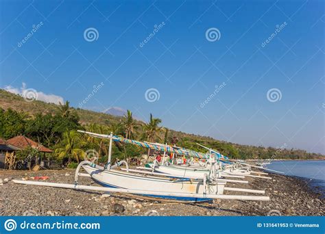 Traditional Fishing Boats at the Amed Coast of Bali Editorial Stock