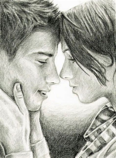 A Pencil Drawing Of Two People Facing Each Other With Their Faces Close To One Another