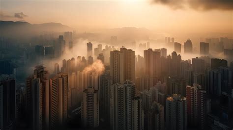 Premium Ai Image Mysterious Urban Skyline At Dawn With Fog
