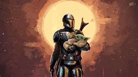 Baby Yoda Star Warrior Lifting Baby Yoda With Gun On Right Hand With Background Of Brown And