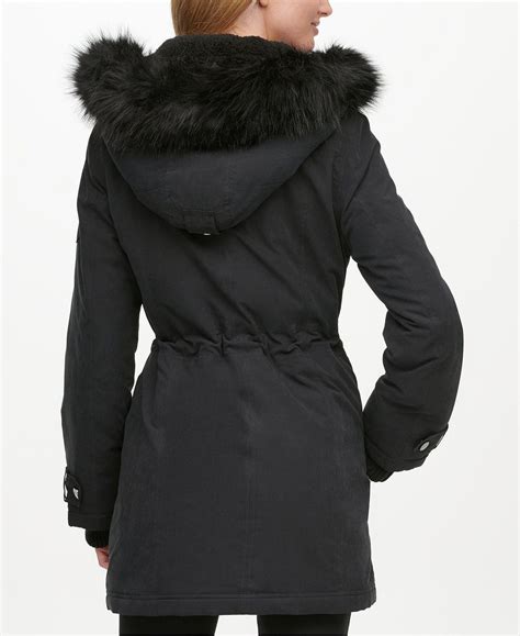 Dkny Faux Fur Trim Hooded Water Resistant Anorak Coat Macys Anorak