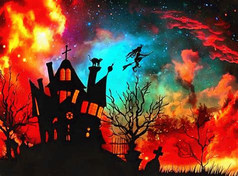 House Colorful Spooky House Holiday Moon Happy Halloveen Castle