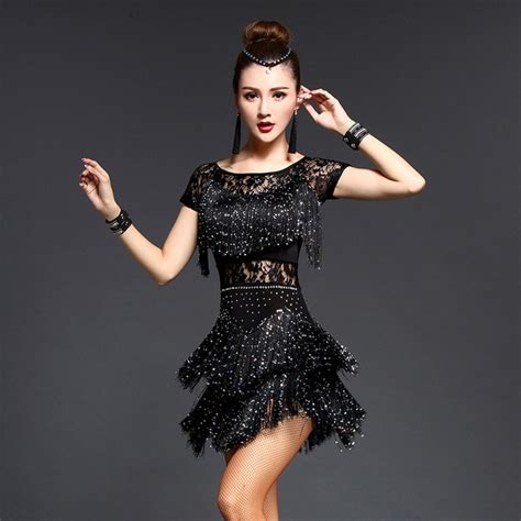 New Adult Latin Dance Costumes Sexy Lace Fringe Latin Dance Dress For Women Diamond Sequins