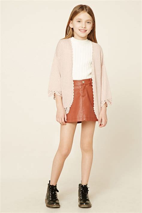 Forever 21 Girls A Ribbed Knit Cardigan Featuring Scalloped Crochet