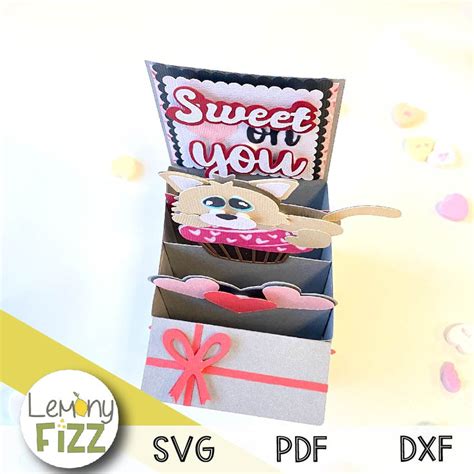 Sweet On You Cat Cupcake Valentine 3d Box Card Paper Craft Svg File