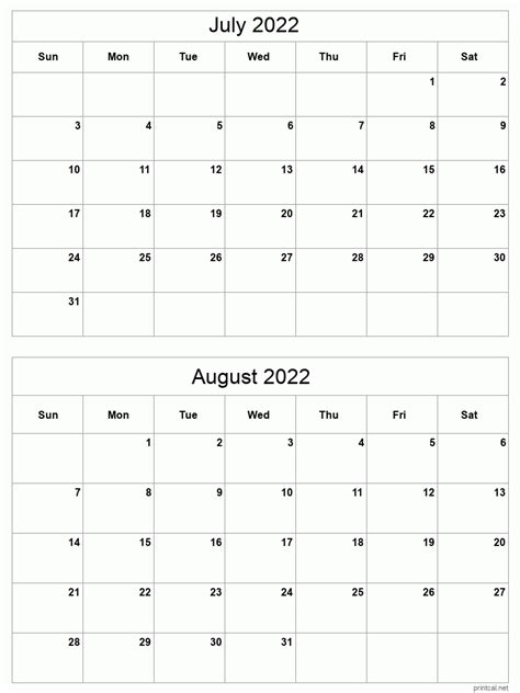 Jul Aug 2022 Printable Calendar Two Months Per Page