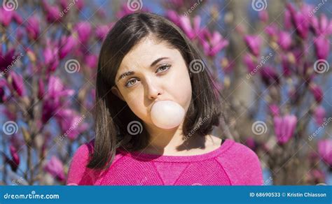 Teen Girl Blowing Bubblegum Bubble Stock Image Image Of Beautiful Hands 68690533