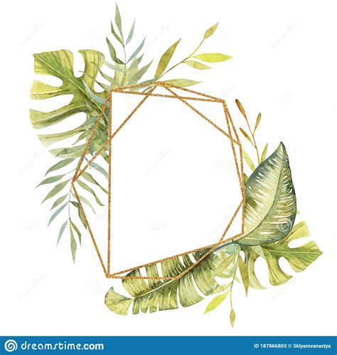 Golden Geometric Frame Of Watercolor Tropical Green Plants And Leaves